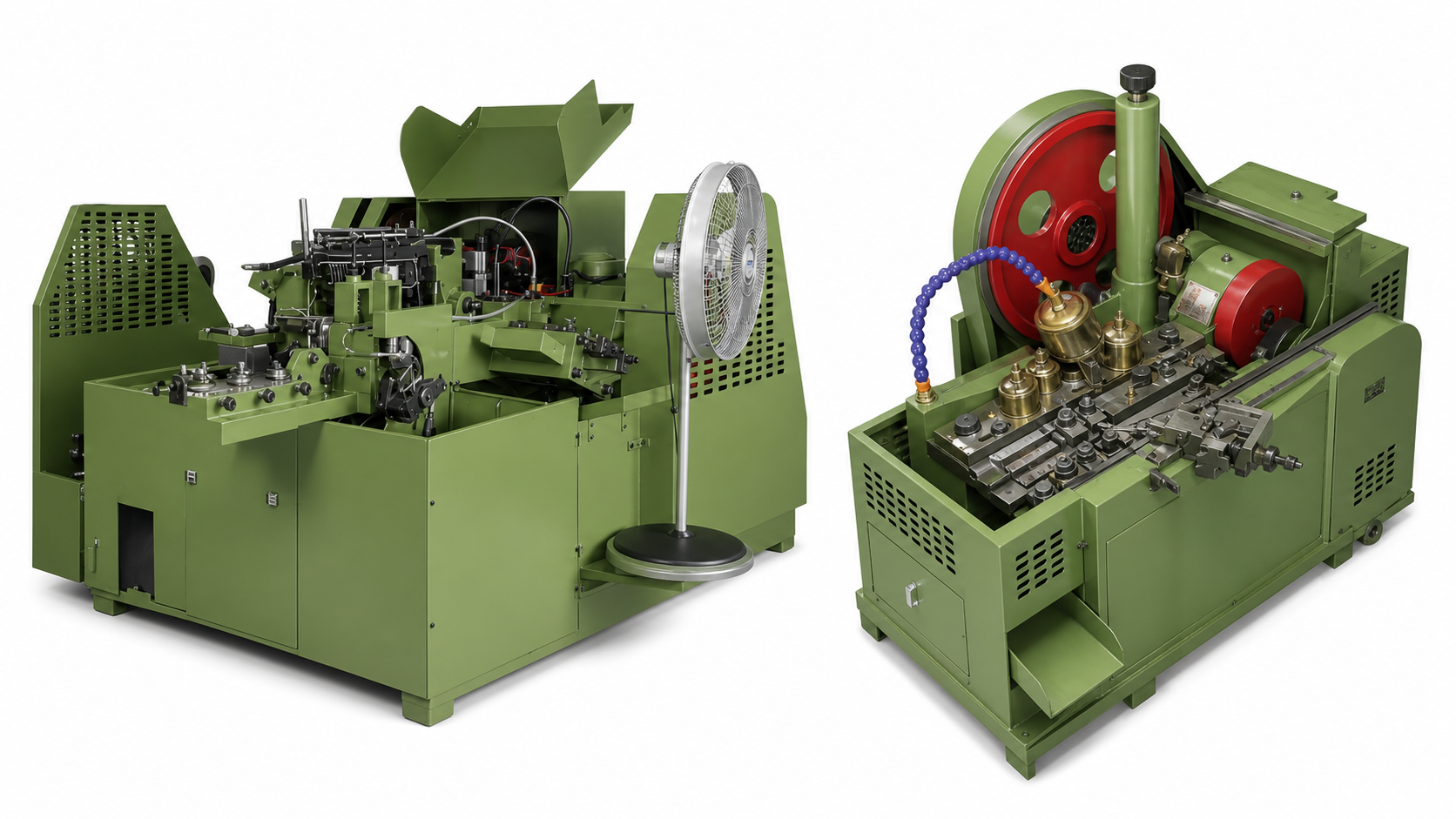 Cold heading and thread rolling production machines on a clean white background