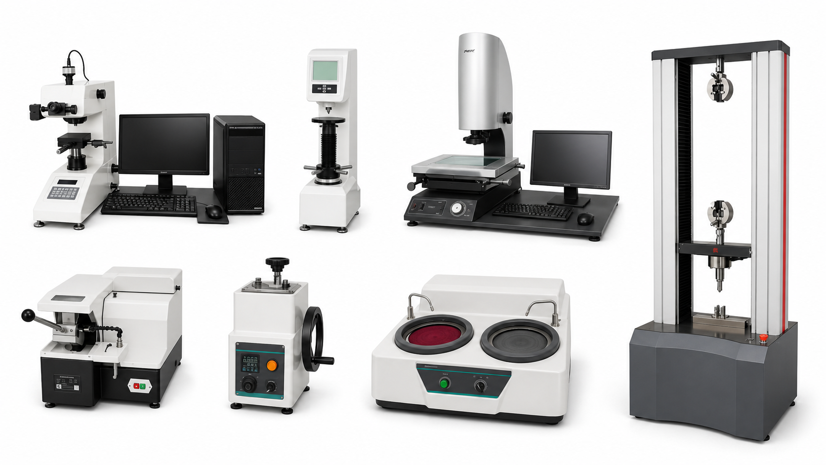 Hardness, metallography, dimensional and tensile test equipment on a clean white background