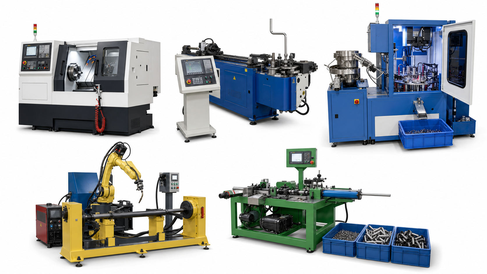CNC, robotic welding, tube bending, forming and optical inspection equipment on a clean white background