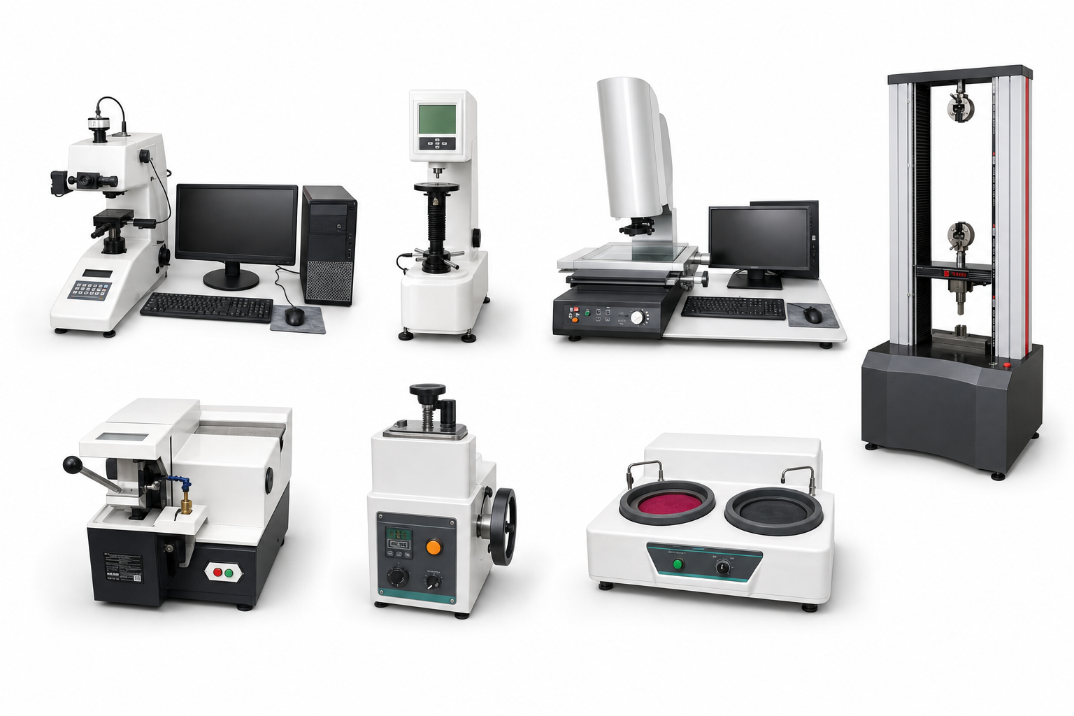 Seven laboratory and quality inspection machines redrawn on a white background